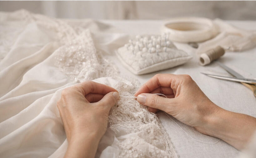 Detalhe de tecido e mão trabalhando em costura sob medida para caimento perfeito